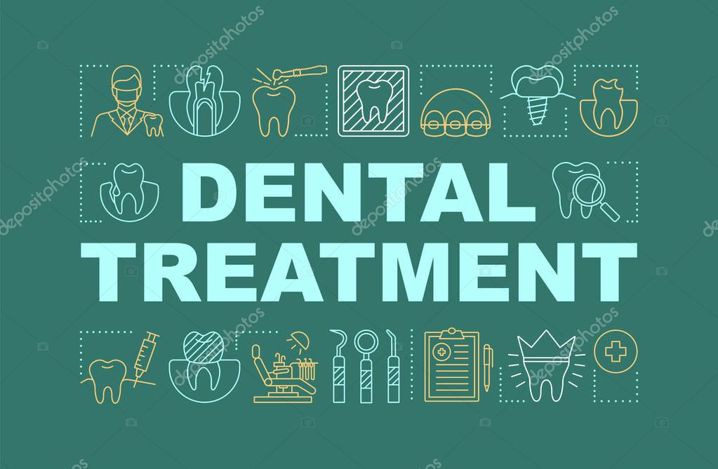 Dental treatment word concepts banner. Modern stomatology services. Oral health care. Presentation, website. Isolated lettering typography idea with linear icons. Vector outline illustration
