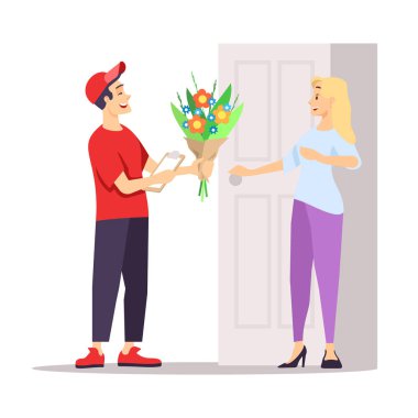 Flower shop delivery guy flat vector illustration clipart
