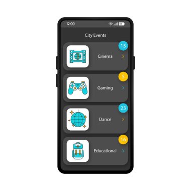 Şehir etkinlikleri uygulaması akıllı telefon arayüzü vektör şablonu