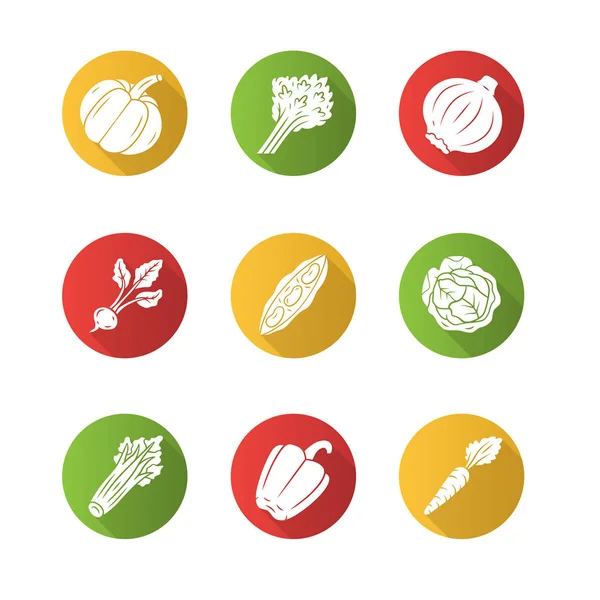 Vegetables Flat Design Long Shadow Glyph Icons Set Pumpkin Onion — Stock Vector