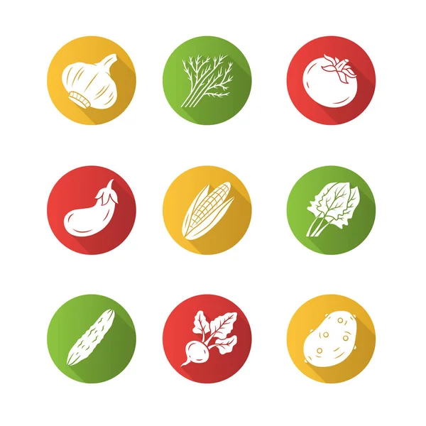 Légumes conception plate longue ombre glyphe icônes — Image vectorielle
