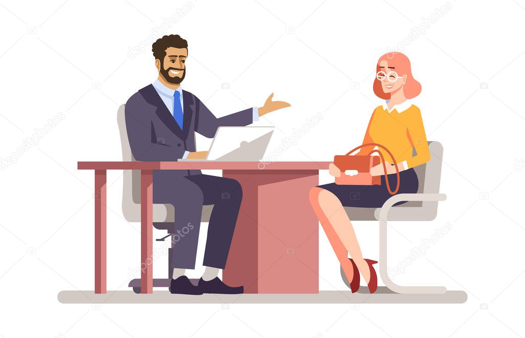 Job interview flat vector illustration. Employer hiring worker c