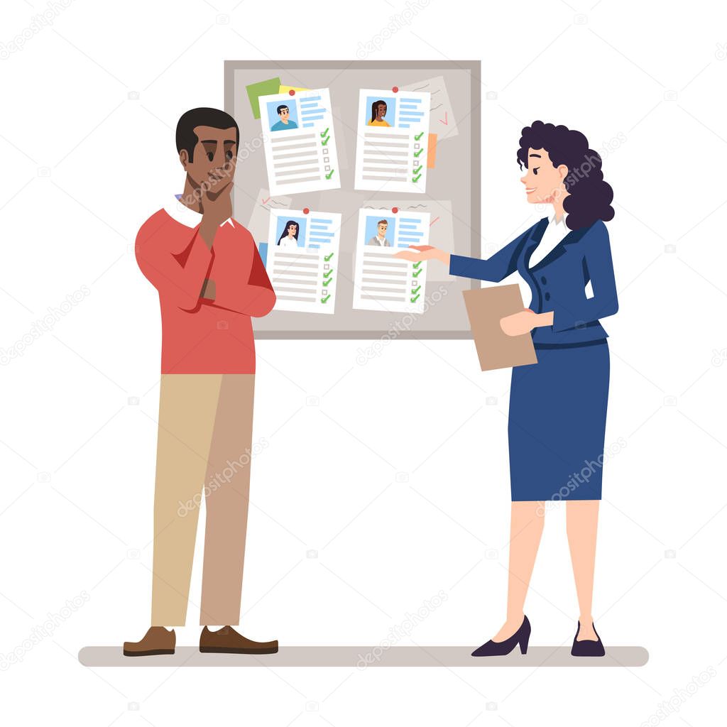 HR managers choosing vacancy candidate resume flat vector illust