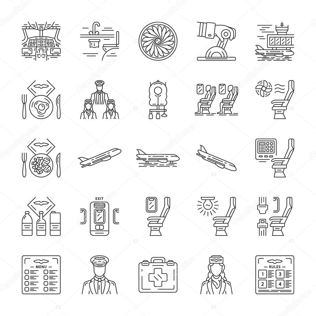 Aviation services linear icons set. Airplane comfortable seating. Passengers at plane salon. Jet safeness. Aircraft. Thin line contour symbols. Isolated vector outline illustrations. Editable stroke