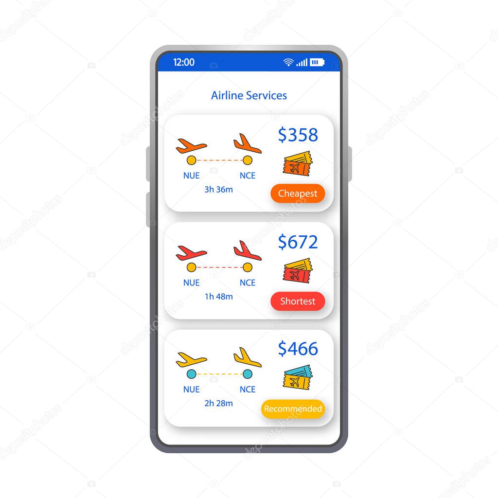 Airline services app smartphone interface vector template