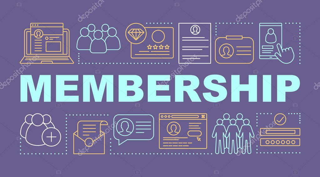 Membership word concepts banner. Customer data. Personal account. Website registration. Presentation, website. Isolated lettering typography idea with linear icons. Vector outline illustration