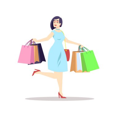 Çanta düz vektör Illustration ile mutlu kadın. Beyaz arka planda kadın Alışverişkoliğin izole karikatür karakter. Moda alışverişi, trendler, dolap. Büyük satış, teklif, indirim reklam