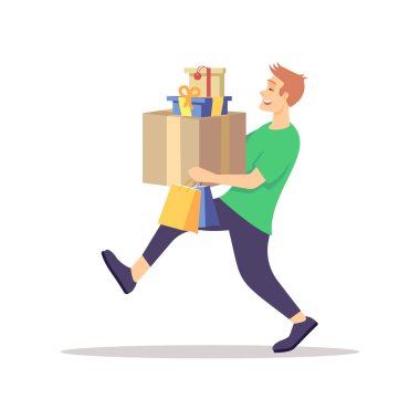 Adam taşıyan düz vektör Illustration sunuyor. Beyaz arka planda hediye kutuları izole karikatür karakter ile erkek genç. Tatil sezonu alışverişi, hazırlanıyor. Kutlama, parti, tebrik