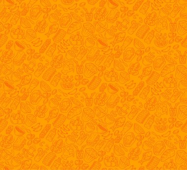 Gıda vektör Dikişsiz desen. Gastronomi simgeleri ile mutfak, Fast Food kafe duvar kağıdı. Turuncu, Amber renk dokusu. Dekoratif Tekstil, ambalaj kağıdı tasarımı. Menü, makbuzlar için parlak arka plan