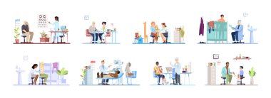 Ziyaret klinik düz vektör çizimler ayarlayın. Doktorlar, hastalar