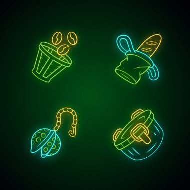 Sıfır atık mutfak cihazları Neon ışık simgeleri seti