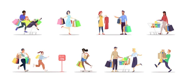 Shopping flache Vektor-Illustrationen eingestellt. Menschen mit Taschen, Kauf — Stockvektor