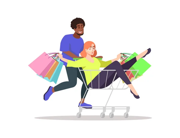 Jonge mensen doen winkelen platte vector illustratie. Shopaholics geïsoleerde stripfiguren op witte achtergrond. Presents, tassen. Meisje in trolley. Tevreden klanten op seizoengebonden verkoop, korting — Stockvector