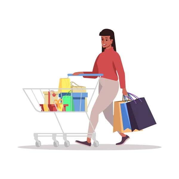 Vrouw met trolley platte vector illustratie. Happy Female op het winkelen geïsoleerde cartoon karakter op witte achtergrond. Vakantie voorbereiding, geschenkdozen, papieren zakken. Mode winkel, kruidenier — Stockvector