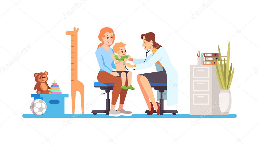 Pediatrician checking baby flat vector illustration. Doctor, mot