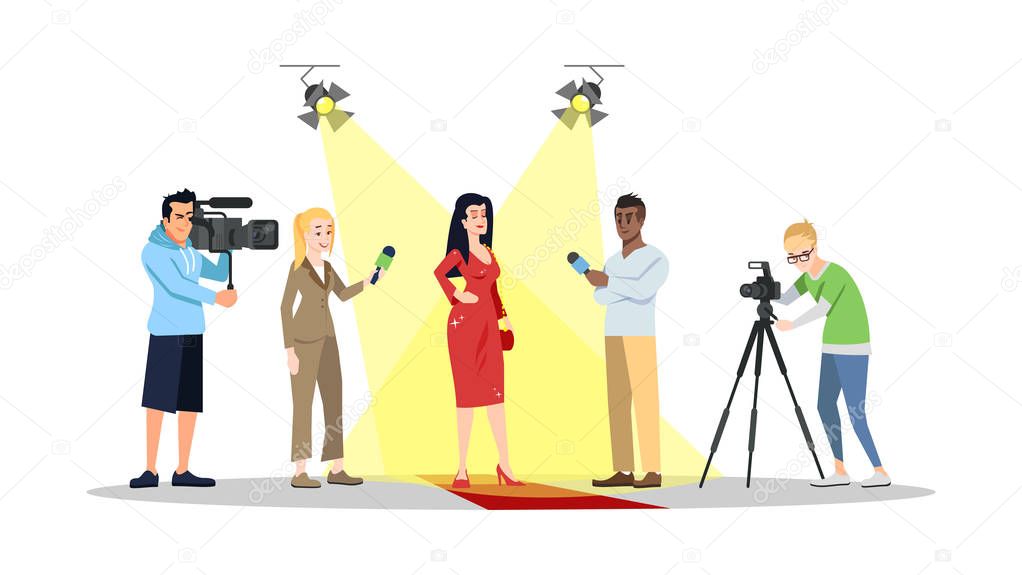 Journalists interviewing movie star, actor, celebrity flat illus