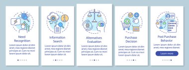 Doğrusal kavramlar ile mobil uygulama sayfası ekranını onboarding karar süreci satın alma. Değerlendirme öğeleri Walkthrough adımları grafik yönergeleri. UX, ui, çizimler ile gui vector şablonu