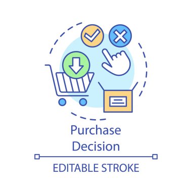 Satın alma karar kavramı simgesi. Online alışveriş fikir ince çizgi illüstrasyon. Karar verme, internet vektör izole anahat çizim satın alma. Dijital satın alma. Düzenlenebilir kontur