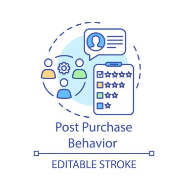 Satın alma davranışı kavramı simgesini gönderin. Geribildirim, müşteri yorum, istemci İnceleme fikir ince çizgi illüstrasyon. Puanlama vektör izole anahat çizim. Memnun tüketici. Düzenlenebilir kontur