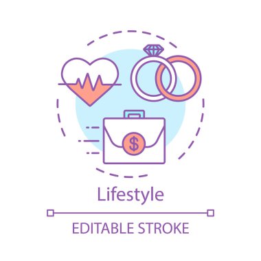 Yaşam tarzı kavramı simgesi. Sağlıklı aile, evlilik, kazanç para fikir ince çizgi illüstrasyon. Aile, iş, sağlık dengesi, Harmony vector izole anahat çizimi. Düzenlenebilir kontur