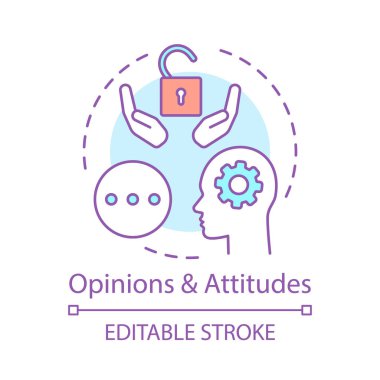 Görüşler ve tutum kavramı simgesi. Pozitif düşünme, çözümler arama. Mind, düşünceler fikir ince çizgi illüstrasyon. Mutlu müşteri vektör izole anahat çizimi. Düzenlenebilir kontur
