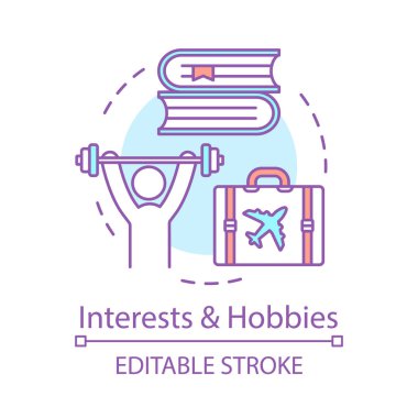 İlgi alanları ve hobileri kavramı simgesi. Boş zaman, FreeTime faaliyetleri fikir ince çizgi illüstrasyon. Spor yapmak, seyahat, kitap vektör izole anahat çizim okuma. Düzenlenebilir kontur