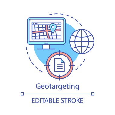 Coğrafi hedefleme kavramı simgesi. Geolocation sıralama, konum pazarlama, GPS navigasyon fikir ince çizgi illüstrasyon. Arama optimizasyon vektör izole anahat çizim. Düzenlenebilir kontur