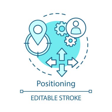 Turkuaz kavramı simgesini konumlandırma. Sabitlenmiş coğrafi konum simge fikir ince çizgi illüstrasyon. GPS teknolojisi, rota arama vektör izole anahat çizim. Takip, coğrafi pozisyon. Düzenlenebilir kontur