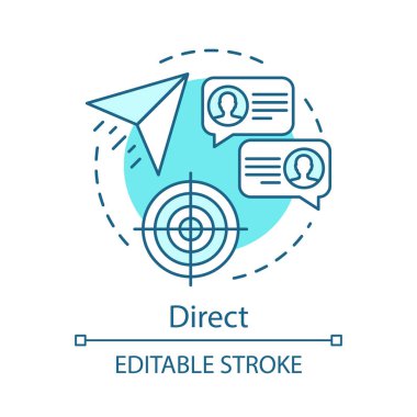 Doğrudan pazarlama turkuaz kavramı simgesi. Mesaj gönderme fikri ince çizgi çizim. Vektör izole anahat çizim sohbet. E-posta ve SMS pazarlama, yazışmalar, iletişim. Düzenlenebilir kontur