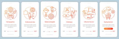 Alıcı persona turuncu, kırmızı degrade onboarding mobil uygulama sayfası ekran vektör şablonu. Doğrusal illüstrasyonlar ile insan aktivitesi Walkthrough Web sitesi adımları. UX, ui, Gui akıllı telefon arayüzü kavramı