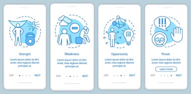 SWOT analizi mavi onboarding mobil uygulama sayfası ekran vektör şablonu. Güç, zayıflık, fırsat, tehdit Walkthrough Web sitesi adımları doğrusal illüstrasyonlar ile. UX, ui, Gui Smartphone arayüzü CONC