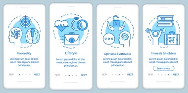 Psychographics targeting blue  onboarding mobile app page screen vector template. Personality lifestyle  walkthrough website steps with linear illustrations. UX, UI, GUI smartphone interface concept