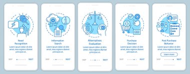 Satın alma karar süreci mavi onboarding mobil uygulama sayfası ekran vektör şablonu. Doğrusal illüstrasyonlar ile öğeleri Walkthrough Web sitesi adımları satın alma. UX, ui, Gui akıllı telefon arayüzü kavramı