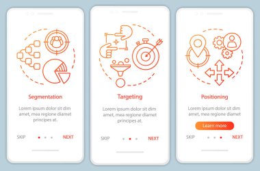 STP turuncu degrade onboarding mobil uygulama sayfası ekran vektör şablonu. Doğrusal illüstrasyonlar ile piyasa stratejisi ve konumlandırma Walkthrough Web sitesi adımları. UX, ui, Gui akıllı telefon arayüzü kavramı