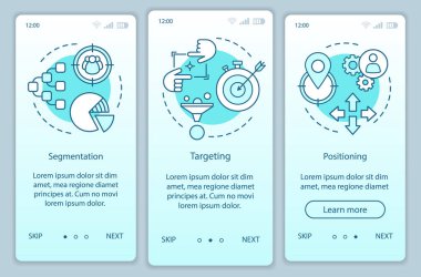STP turkuaz degrade onboarding mobil uygulama sayfası ekran vektör şablonu. Doğrusal illüstrasyonlar ile piyasa konumlandırma Walkthrough Web sitesi adımları. UX, ui, Gui akıllı telefon arayüzü kavramı