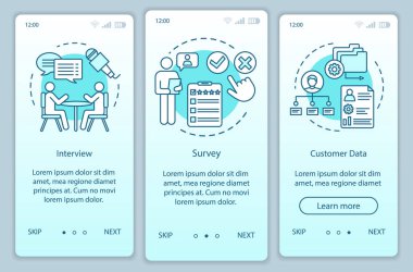 Müşteriler profil yöntemleri turkuaz degrade onboarding mobil uygulama sayfası ekran vektör şablonu. Doğrusal çizimler ile izlenecek yol Web sitesi adımları. UX, ui, Gui akıllı telefon arayüzü kavramı