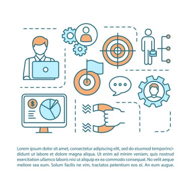 Hedefleme makale sayfası vektör şablonu. Broşür, dergi, doğrusal simgeler ve metin kutuları ile kitapçık tasarım elemanı. İş stratejisi baskı tasarımı. Metin alanı ile konsept illüstrasyonları 