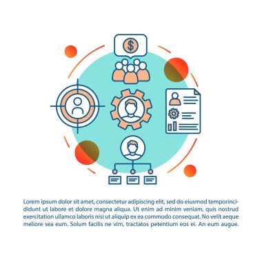 Turkuaz daire makale sayfa vektör şablonu hedefleme. Broşür, dergi, doğrusal simgeler ve metin kutuları ile kitapçık tasarım elemanı. Baskı tasarımı. Metin alanı ile konsept illüstrasyonları 