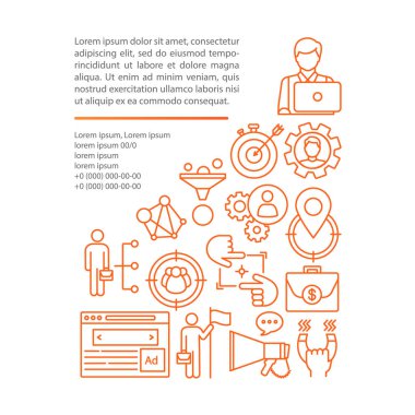 Beyaz arka plan makalesi sayfa vektör şablonunu hedefleme. Broşür, dergi, doğrusal simgeler ve metin kutuları ile kitapçık tasarım elemanı. Baskı tasarımı. Metin alanı ile konsept illüstrasyonları 