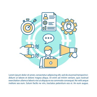 Etkisi turkuaz daire makale sayfası vektör şablonu. Broşür, dergi, doğrusal simgeler ve metin kutuları ile kitapçık tasarım elemanı. Baskı tasarımı. Metin alanı ile konsept illüstrasyonları 