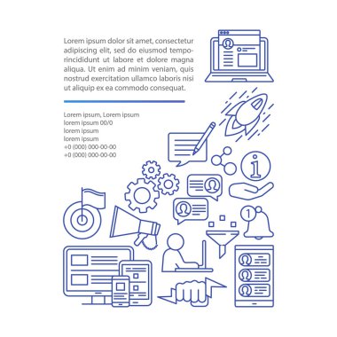 Internet veri beyaz arka plan makale sayfası vektör şablonu. Broşür, dergi, doğrusal simgeler ve metin kutuları ile kitapçık tasarım elemanı. Baskı tasarımı. Metin alanı ile konsept illüstrasyonları 