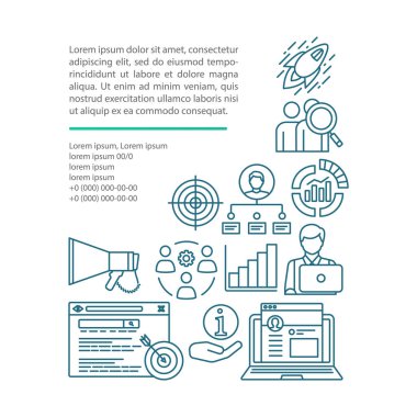 Değerlendirme makalesi sayfa vektör şablonu. Broşür, dergi, doğrusal simgeler ve metin kutuları ile kitapçık tasarım elemanı. Dijital pazarlama baskı tasarımı. Metin alanı ile konsept illüstrasyonları 