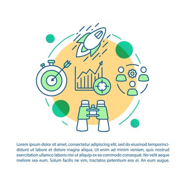 Pazarlama stratejisi makale sayfası vektör şablonu. Broşür, dergi, doğrusal simgeler ve metin kutuları ile kitapçık tasarım elemanı. İş geliştirme baskı tasarımı. Metin alanı ile konsept illüstrasyonları 