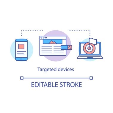 Hedeflenen cihazlar kavramı simgesi. Cihazlar hedef reklamlar ve mesajlar fikir ince çizgi illüstrasyon olsun. Kitleye ulaşma, çapraz cihaz pazarlama. Vektör izole anahat çizimi. Düzenlenebilir kontur