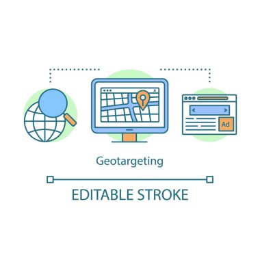 Coğrafi hedefleme kavramı simgesi. Coğrafi konum sıralaması. Konum pazarlama. GPS navigasyon fikir ince çizgi illüstrasyon. Arama optimizasyon vektör izole anahat çizim. Düzenlenebilir kontur