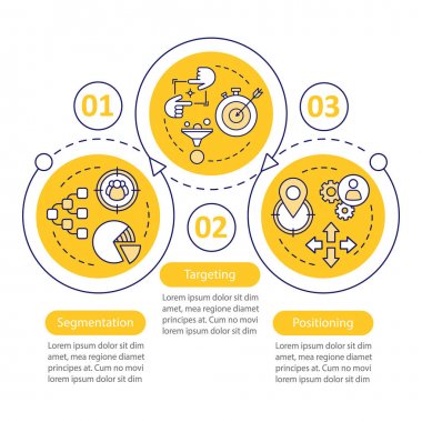 STP İnfografik şablonu. İş sunumu tasarım elemanları. piyasa stratejisi. 3 adımda ve seçeneklere sahip veri görselleştirme. İşlem zaman çizelgesi grafiği. Doğrusal simgelerle iş akışı düzeni