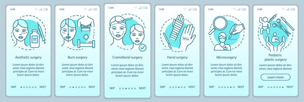 Surgical subspecialties onboarding mobile app page screen vector template