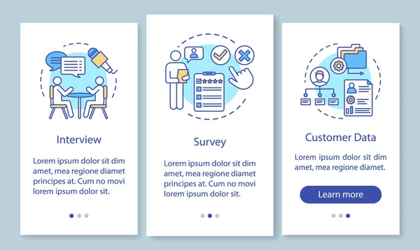 Kunder profil metoder onboarding mobilappssidan skärmen med linjära begrepp. Intervju, enkät, kund uppgifter genom gång steg, instruktioner. UX, UI, GUI vektor mall med illustrationer — Stock vektor