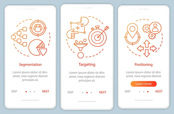 STP pomarańczowy gradient dołączania aplikacji mobilnej strony szablonu wektora. Strategia rynku i pozycjonowanie instruktażu stronie kroki z ilustracji liniowych. UX, UI, koncepcja interfejsu smartphone GUI — Wektor stockowy