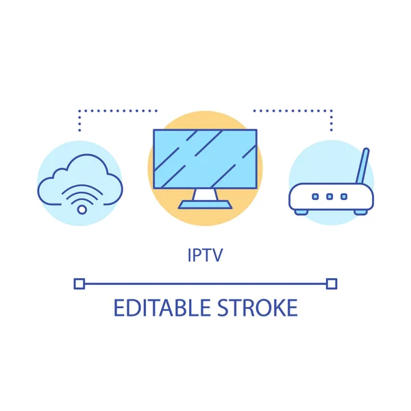 Ícone de conceito de nuvem de palavras IPTV. Caixa de TV, Internet protocolo TV ideia linha fina ilustração. Rastreamento multimídia, desenho de contorno isolado de vetor de armazenamento em nuvem. AVC editável — Vetor de Stock